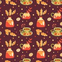 Seamless autumn pattern with hot drinks, cookies, fall leaves and berries vector