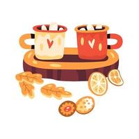 Autumn cups of cacao with marshmallows with cookies and orange slices on a wooden stand. vector