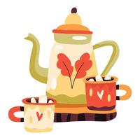 Autumn cups of cacao with marshmallows and teapot decorated with leaves vector