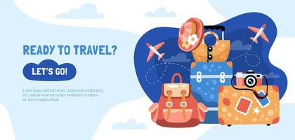 Touristic landing page or flyer concept with various luggage, camera, planes and travel themed objects vector