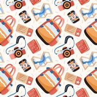 Seamless vector pattern with bag, photo camera, map, documents and smartphone