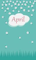April. Spring banner. Colour. Blooming tree, grass, clouds. Turquoise background. suitable for postcards, calendars, promotional products. cartoon vector illustration.