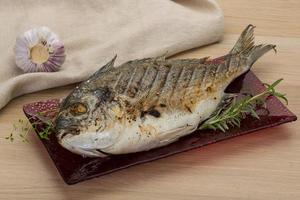 Grilled dorado on the plate and wooden background photo