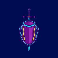 espada y escudo neon cyberpunk logo ficción diseño colorido con fondo oscuro. Ilustración de vector de camiseta abstracta.