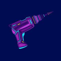 taladro electrónico neon cyberpunk logo ficción diseño colorido con fondo oscuro. Ilustración de vector de camiseta abstracta.