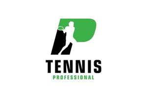 letra p con diseño de logotipo de silueta de jugador de tenis. elementos de plantilla de diseño vectorial para equipo deportivo o identidad corporativa. vector