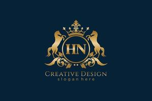 initial HN Retro golden crest with circle and two horses, badge template with scrolls and royal crown - perfect for luxurious branding projects vector
