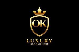 initial OK elegant luxury monogram logo or badge template with scrolls and royal crown - perfect for luxurious branding projects vector