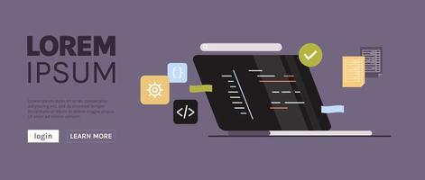 desarrollo de nuevo software en portátiles y programación de desarrolladores independientes, codificación, concepto de proceso de desarrollo ilustración vectorial plana. vector