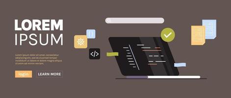 desarrollo de nuevo software en portátiles y programación de desarrolladores independientes, codificación, concepto de proceso de desarrollo ilustración vectorial plana. vector