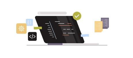desarrollo de nuevo software en portátiles y programación de desarrolladores independientes, codificación, concepto de proceso de desarrollo ilustración vectorial plana. vector