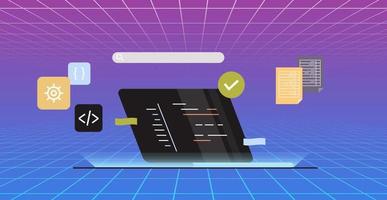 desarrollo de nuevo software en portátiles y programación de desarrolladores independientes, codificación, concepto de proceso de desarrollo ilustración vectorial plana. vector