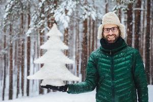 People, emotions, snowy weather and season concept. Happy cheerful young unshaven male dressed in warm clothes, holds fir tree, stands against trees background, enjoys beautiful nature landscapes photo