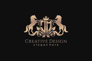 initial JM Retro golden crest with shield and two horses, badge template with scrolls and royal crown - perfect for luxurious branding projects vector