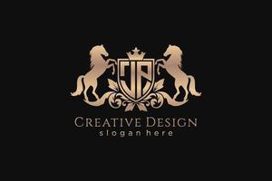 initial JP Retro golden crest with shield and two horses, badge template with scrolls and royal crown - perfect for luxurious branding projects vector