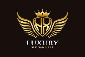 Luxury royal wing Letter KX crest Gold color Logo vector, Victory logo, crest logo, wing logo, vector logo template.