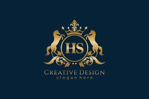 initial HS Retro golden crest with circle and two horses, badge template with scrolls and royal crown - perfect for luxurious branding projects vector