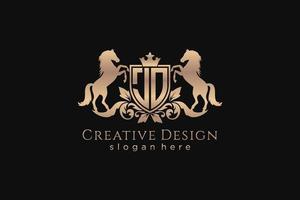 initial JO Retro golden crest with shield and two horses, badge template with scrolls and royal crown - perfect for luxurious branding projects vector