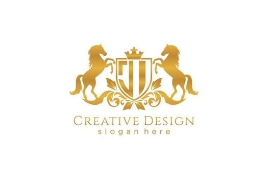 initial JI Retro golden crest with shield and two horses, badge template with scrolls and royal crown - perfect for luxurious branding projects vector