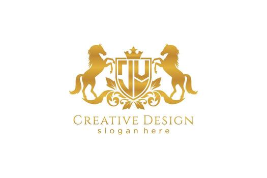 initial JV Retro golden crest with shield and two horses, badge template with scrolls and royal crown - perfect for luxurious branding projects vector