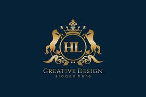 initial HL Retro golden crest with circle and two horses, badge template with scrolls and royal crown - perfect for luxurious branding projects vector