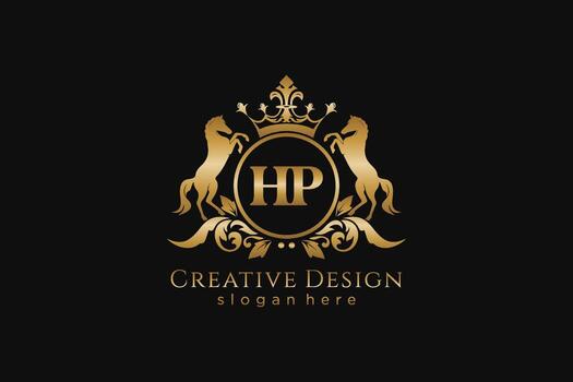 initial HP Retro golden crest with circle and two horses, badge template with scrolls and royal crown - perfect for luxurious branding projects vector