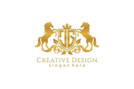 initial JG Retro golden crest with shield and two horses, badge template with scrolls and royal crown - perfect for luxurious branding projects vector