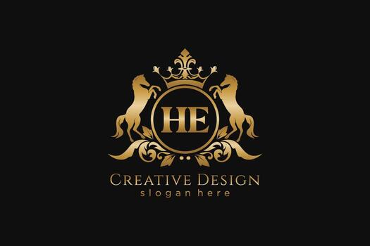 initial HE Retro golden crest with circle and two horses, badge template with scrolls and royal crown - perfect for luxurious branding projects vector