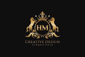 initial HM Retro golden crest with circle and two horses, badge template with scrolls and royal crown - perfect for luxurious branding projects vector
