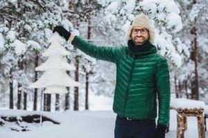 Happy delightful middle aged male with beard and mustache, wears warm jacket and hat, holds artificial white fir tree, spends morning in beautiful majestic forest. Weather and emotions concept photo