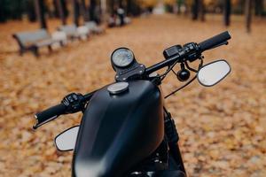 Close up shot of black motorcycle with speedometer, handlebar stands in autumn park against orange fallen leaves and benches. Transport concept. Bike parked outdoor