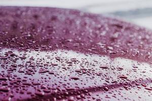 Wet surface with water drops after rainy weather. Red backround covered with splash of water. Small droplets, texture. Horizontal shot. Water drop on metallic vehicle panel. photo