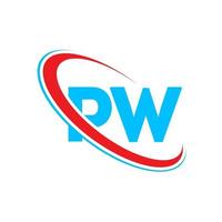 logotipo de p.w. diseño de picosegundo. letra pw azul y roja. diseño del logotipo de la letra pw. letra inicial pw círculo vinculado logotipo de monograma en mayúsculas. vector