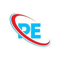 PE logo. PE design. Blue and red PE letter. PE letter logo design. Initial letter PE linked circle uppercase monogram logo. vector