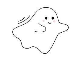 Vector with cute smiling ghost. Flying spirit in flat design. Outline phantom on white background. Doodle ghost. Halloween.