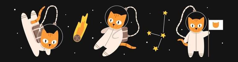 Vector set with cute cats in space. Cat astronauts in flat design. Funny animals flying in the galaxy. Cat in space puts a flag. Constellation and comet.