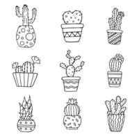 Hand drawn doodle set with cacti. Vector succulents in pots. Houseplants. Outline.