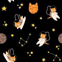 Vector seamless pattern with cute cat astronauts, constellation and planets. Funny background with cats in space among the stars.