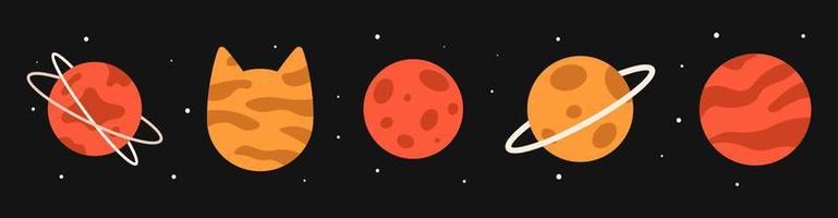 Vector planet set in flat style. Orange and red planets with spots, stripes and rings. Planet in the shape of a cat.