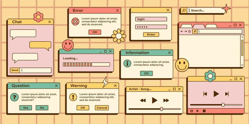 Vector set of retro vaporwave computer interface. Vintage browser and dialog window templates. Vector illustration of nostalgic UI and UX.