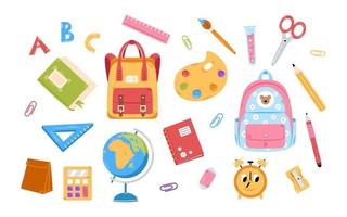 Vector back to school set. Cute collection of school supplies for children. Colorful flat design. Backpack, globe, alarm, calculator, paints, pencil.
