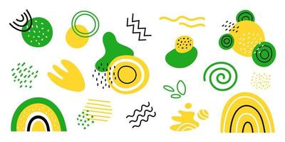 Vector abstract shapes. Set with geometric shapes and dots. Rainbows and blobs. Lines, circles blots, and zigzags. Collection in yellow and green colors.