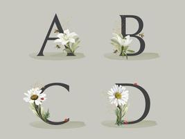 beautiful floral alphabet set with hand drawn flower and leaves vector