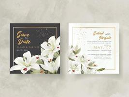 tarjeta de invitación de boda verde con acuarela de flores de lirio vector