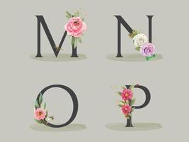 beautiful floral alphabet set with hand drawn flower and leaves vector