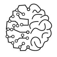 Half organic human brain enhanced with artificial intelligence. Simple line icon drawing for transhuman and AI technology concept design vector