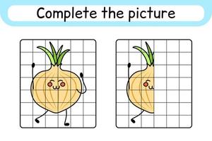 Complete the picture onion. Copy the picture and color. Finish the image. Coloring book. Educational drawing exercise game for children vector