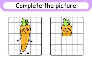 Complete the picture carrot. Copy the picture and color. Finish the image. Coloring book. Educational drawing exercise game for children vector