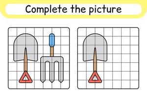 Complete the picture pitchfork and shovel. Copy the picture and color. Finish the image. Coloring book. Educational drawing exercise game for children vector