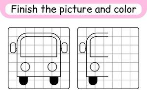 Complete the picture bus. Copy the picture and color. Finish the image. Coloring book. Educational drawing exercise game for children vector